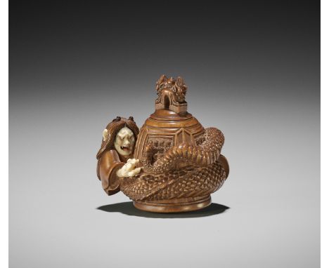 MINKO: A FINE INLAID WOOD NETSUKE OF KIYOHIME WITH THE TEMPLE BELL OF DOJO-JIBy Minko II, signed Nidai Minko 二 代 珉江 and kakih