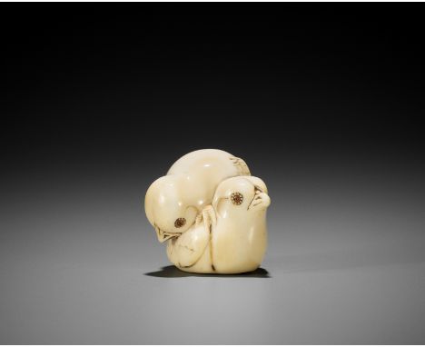 TADAMITSU: AN IVORY NETSUKE OF TWO CHICKSBy Tadamitsu, signed Tadamitsu 忠光Japan, Kyoto, early 19th century, Edo period (1615-