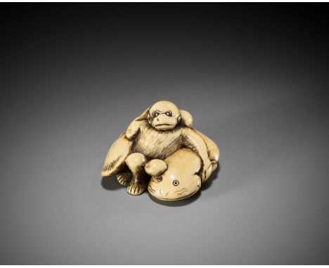 AN IVORY NETSUKE OF A MONKEY AND GIANT NAMAZU (EARTHQUAKE FISH)Unsigned Japan, 18th century, Edo period (1615-1868)Boldly car