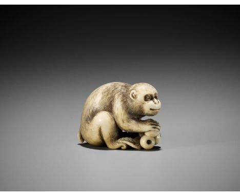 OKATORI: A FINE IVORY NETSUKE OF A MONKEY WITH BIWA (LOQUATS)By Yamaguchi Okatori, signed Okatori 岡隹Japan, Kyoto, early 19th 