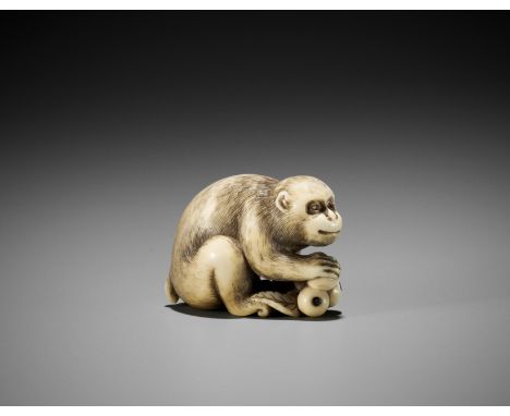 OKATORI: A FINE IVORY NETSUKE OF A MONKEY WITH BIWA (LOQUATS)By Yamaguchi Okatori, signed Okatori 岡隹Japan, Kyoto, early 19th 