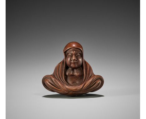 SHUMIN: A WOOD NETSUKE OF DARUMA  By Hara Shumin, signed Shumin 舟民Japan, Edo (Tokyo), mid-19th century, Edo period (1615-1868