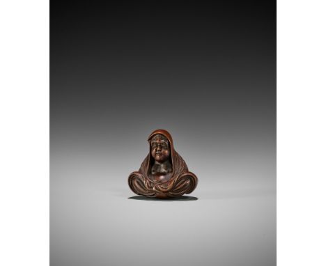 SHUMIN: A RARE EXQUISITELY SMALL WOOD NETSUKE OF DARUMA  By Hara Shumin, signed Shumin 舟珉Japan, Edo (Tokyo), mid-19th century