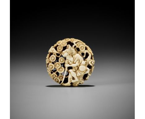 A MARINE IVORY RYUSA MANJU NETSUKE DEPICTING TEKKAI SENNIN EXHALING HIS ANIMAUnsignedJapan, Tokyo, Asakusa District, mid to l