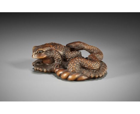 MASANAO: A LARGE WOOD NETSUKE OF A SNAKE AND TOAD ON SANDALBy Masanao, signed Masanao 正直Japan, Ise-Yamada, mid-19th century, 