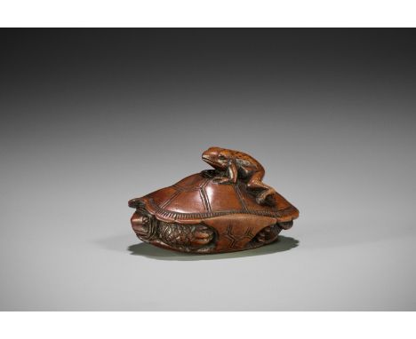 A FINE WOOD NETSUKE OF A FROG ON A TORTOISE  Inscribed Tomotada 友忠Japan, Kyoto or Osaka, early 19th century, Edo period (1615