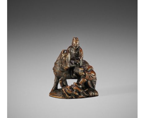 SHUZAN YASUSADA: A WOOD NETSUKE OF CHORYO AND KOSEKIKO  By Shuzan Yasusada, signed Shuzan Yasusada 秋山安定 with kakihanJapan, Ec