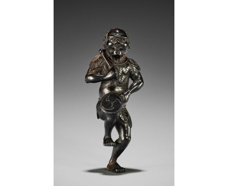 A FINE KOKUTAN WOOD NETSUKE OF A DRUMMING ISLANDERUnsignedJapan, 19th century, Edo period (1615-1868)The islander standing on
