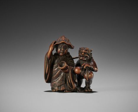 SHUGETSU: A FINE WOOD NETSUKE OF JIZO AND ONI DRINKING SAKE  By Shugetsu II, signed Shugetsu 舟月 with kakihanJapan, Edo (Tokyo