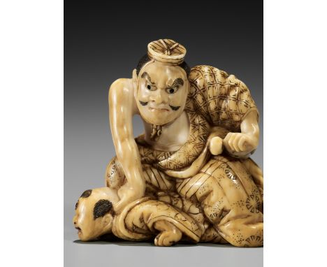 TOMOCHIKA: A RARE IVORY NETSUKE OF KINTOKI SUBDUING A BAKEMONO DISGUISED AS A KARAKOBy Tomochika, signed Tomochika 友親Japan, E