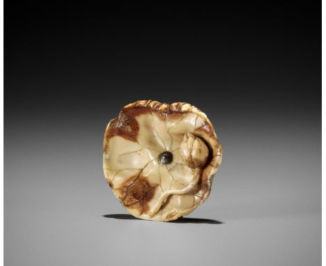 A FINE STAINED MARINE IVORY NETSUKE OF A LOTUS LEAFUnsignedJapan, Tokyo, Asakusa District, late 19th centuryPublished: Virgin