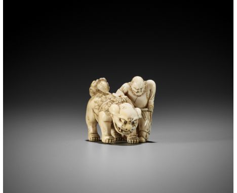 AN IVORY NETSUKE OF A FOREIGNER FROM SENHA LEADING A SHISHIUnsigned Japan, 18th century, Edo period (1615-1868)Boldly carved 