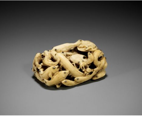 IKKOSAI: A MASTERFUL MARINE IVORY NETSUKE OF MARINE LIFEBy Ikkosai (Toun), signed Ikkosai 一光齋Japan, Edo (Tokyo), mid-19th cen