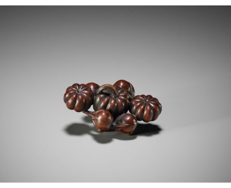 A FINE TANBA SCHOOL WOOD NETSUKE OF PUMPKINS AND NASUBI  UnsignedJapan, Tanba province, first half of 19th century, Edo perio