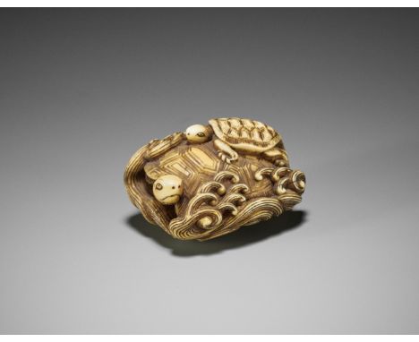 A WALRUS TUSK NETSUKE OF TURTLES AMONGST WAVESUnsignedJapan, 18th century, Edo period (1615-1868)Finely carved as a turtle wi