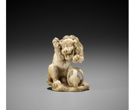 A SUPERB IVORY NETSUKE OF A SHISHI AND BALLUnsigned Japan, Osaka, ca. 1780-1800, Edo period (1615-1868)Published: Sydney L. M