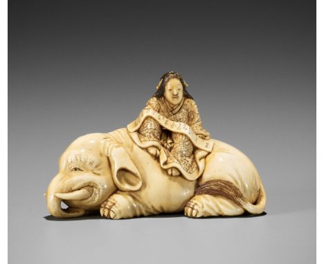 CHIKUYOSAI TOMOCHIKA: A LARGE IVORY NETSUKE OF EGUCHI NO KIMI AS FUGEN BOSATSUBy Chikuyosai Tomochika, signed Chikuyosai Tomo