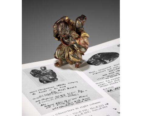 KAJIKAWA: A RARE AND LARGE LACQUERED WOOD NETSUKE OF IKKAKU SENNIN CARRYING THE LADY OF BENARESBy a member of the Kajikawa fa