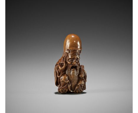 GESSHO: A FINE WOOD NETSUKE OF JUROJINBy Gessho (Gessei), signed Gessho 月生Japan, Edo (Tokyo), late 18th century, Edo period (