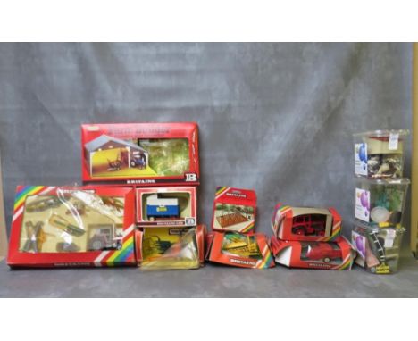 A SELECTION OF BOXED AND UNBOXED MAINLY BRITAINS TOYS, to include Volvo tractor, animal pens, farm build set, 9567 Chafer spr