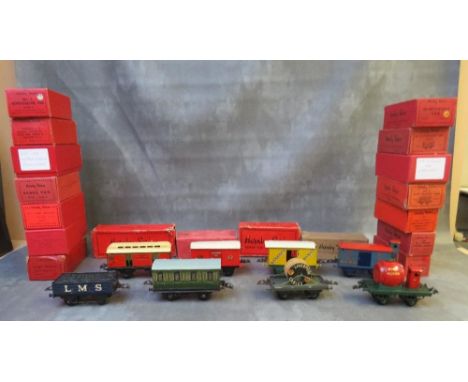 LARGE BOX CONTAINING TWENTY HORNBY O GAUGE BOXED ROLLING STOCK, to include luggage van, gunpowder van, milk traffic van, timb