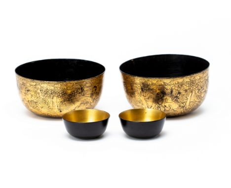 TWO PAIRS OF BLACK AND GILT LACQUER BOWLS
The larger examples decorated with figures in a jungle setting
The larger 12.7cm di