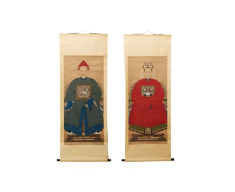 A PAIR OF CHINESE ANCESTOR PORTRAITS
A husband and wife of civil rank, depicted seated, on scroll
105cm x 47cm; whole scroll 