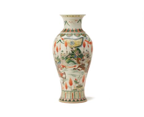 A FAMILLE VERTE BALUSTER PORCELAIN VASE
Of Kangxi style
Decorated with warrior landscape scene, bears a six character Kangxi 