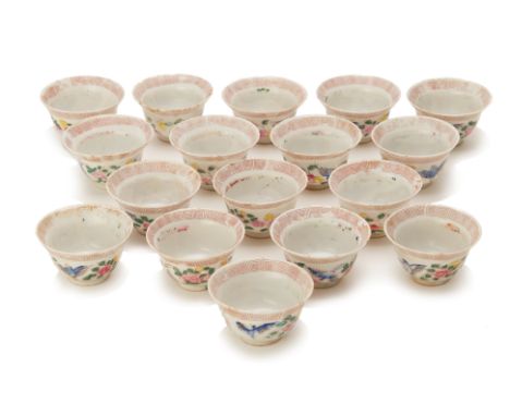 A COLLECTION OF SEVENTEEN SMALL PERANAKAN TEA CUPS
A small collection of Straits Chinese porcelain tea cups, hand painted wit