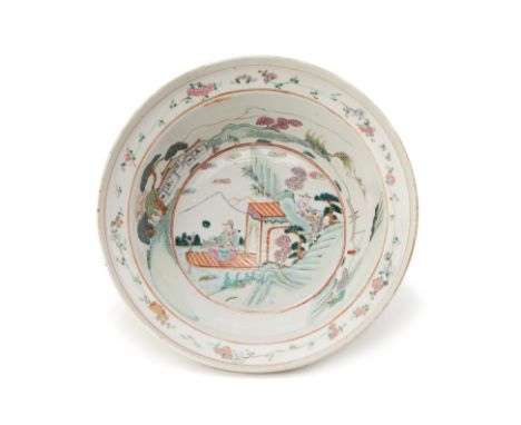 A FAMILLE ROSE PORCELAIN BASIN
Decorated to the interior in overglaze enamels with a musician in an extensive mountainous lan