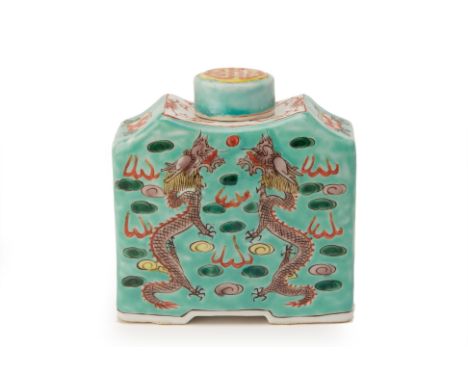 A TURQUOISE GROUND PORCELAIN TEA CADDY
Early-Mid 20th Century, 
Of rectangular section, decorated with dragons amongst clouds