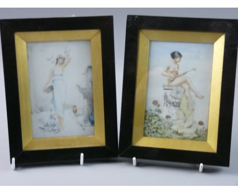 A PAIR OF FRAMED PORCELAIN PANELS, one of a young standing lady feeding doves and the other a nude lady seated on a pedestal 