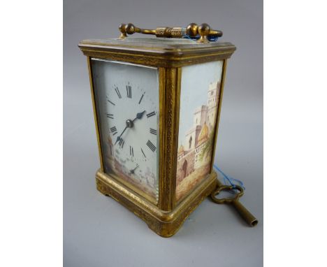 A BRASS ENCASED STRIKING MANTEL CLOCK with French movement, the side panels of Eastern scenes and the dial with Roman numeral