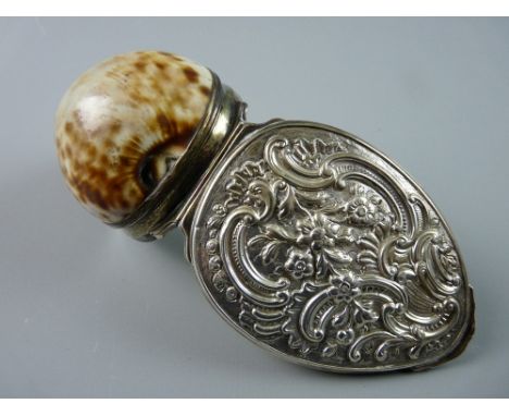 A TIGER COWRIE SHELL adapted to a snuff box with a fine white metal band and hinged scrolled and floral lid