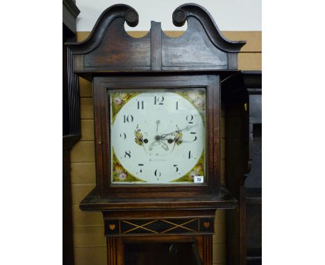 A CIRCA 1800 INLAID OAK LONGCASE CLOCK by Thomas Heywood, Bangor, the single door hood with swan neck pediment enclosing a 13