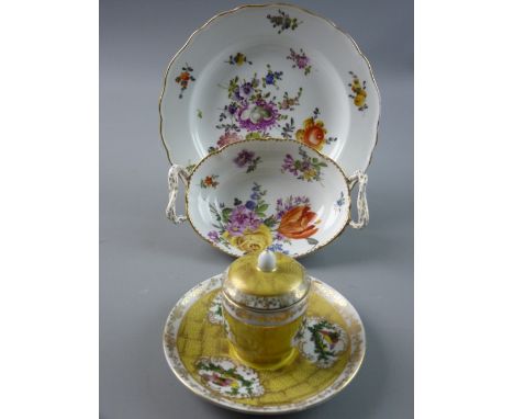 A CONTINENTAL CHINA OVAL TWO HANDLED FLORAL DISH, a circular Dresden white ground floral plate and a Continental china yellow
