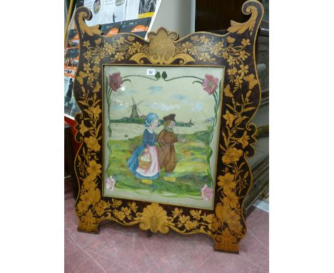 A STENCIL DECORATION FAUX INLAY FIRESCREEN, an easel style frame shaped and decoration with flowers, birds and insects enclos