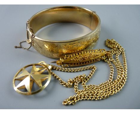 A FIFTEEN CARAT GOLD VICTORIAN BROOCH, 3.5 grms, an eighteen carat gold Maltese Cross pendant on chain and a chased decorated