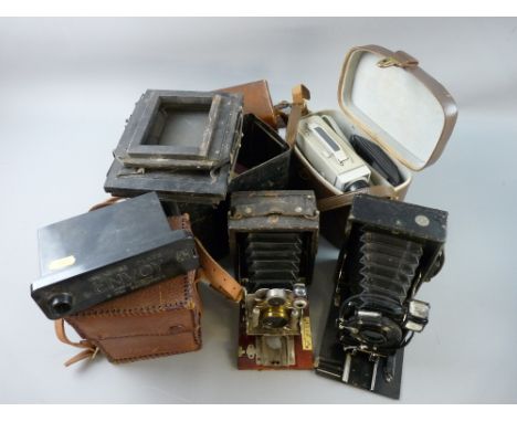 A QUANTITY OF VINTAGE CAMERAS and associated equipment including a folding Aldis Anastigmat F6 no. 2 in carry case with plate