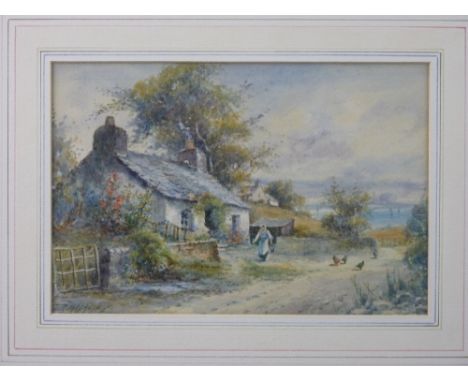R MACAULEY watercolour - old cottage with figure and poultry on a path and distant boats, signed and with original title vers