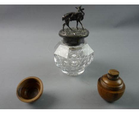 A HEAVY HEXAGONAL SHAPED GLASS INKWELL from an inkstand with hinged Britannia metal lid and stag and an olive wood egg shaped