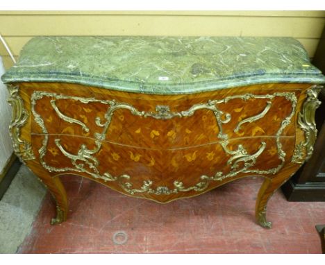 A LOUIS XVI STYLE BOMBE COMMODE CHEST with serpentine green marble top over two Kingwood marquetry drawers with ormolu metal 