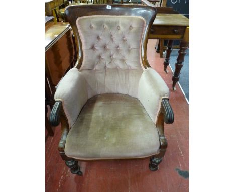 A VICTORIAN ROSEWOOD BUTTON BACK UPHOLSTERED ARMCHAIR, 94 cms high, 65 cms wide