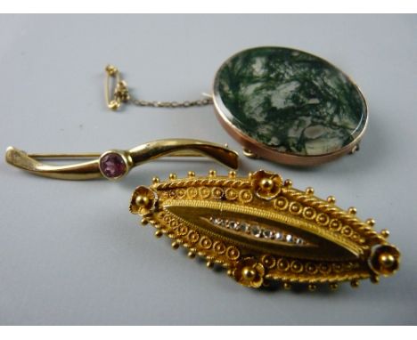 THREE VARIOUS GOLD BROOCHES including a Victorian oval brooch in fifteen carat gold set with nine tiny diamonds, 4.6 grms, an