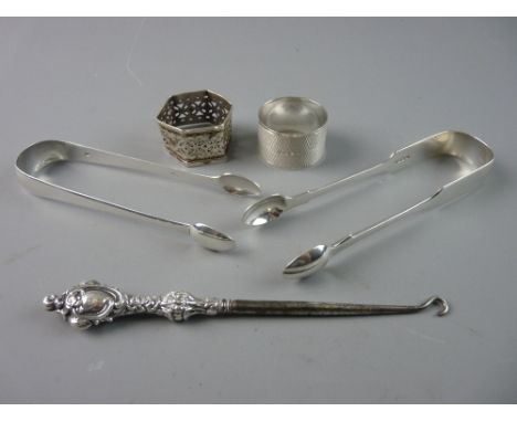 A PARCEL OF SMALL SILVER ITEMS, two pairs of plain silver sugar tongs, 2.5 troy ozs, London 1803 and London 1850, an engine t