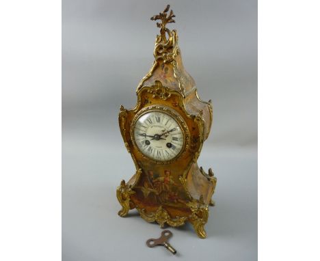 A FRENCH VERNIS MARTIN STYLE MANTEL CLOCK, balloon gilt decorated case, hand painted floral sprays with figures to the front,