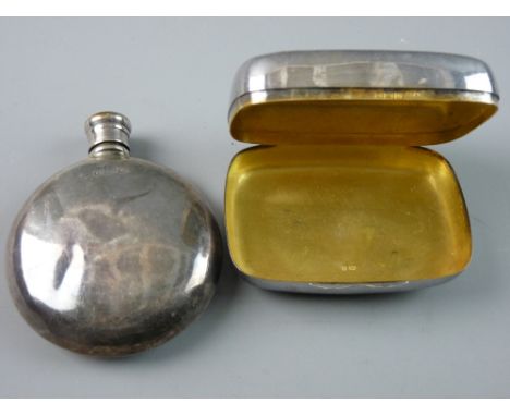 A PLAIN SILVER MOON SHAPED HIP FLASK, one side concave, 2.2 troy ozs, Birmingham 1875 and an oblong plain silver snuff or stu