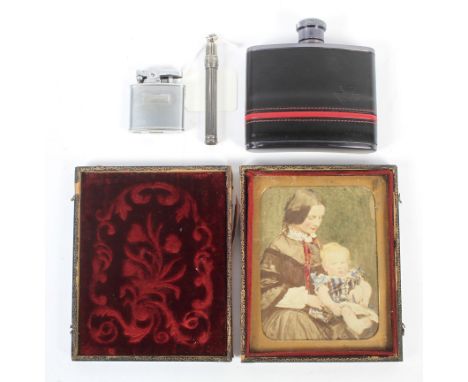 An assortment of collectables. Comprising a Ronson lighter, Equestrian hip flask, silver propelling pencil and a Victorian ha