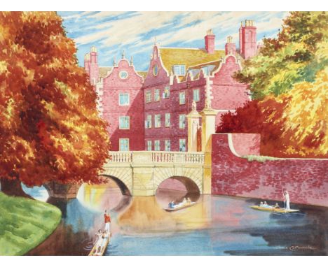 Lance Cattermole (British, 1898-1992) watercolour. Possibly a jigsaw puzzle or poster design, depicting figures punting along