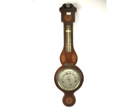 An early 20th century Georgian-style inlaid mahogany banjo barometer. Decorated with shells and flowers, with thermometer, an